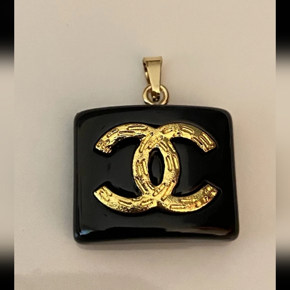 CHANEL Black and Gold CC Logo Up cycle Charm. With Unbranded Gold Tone Necklace